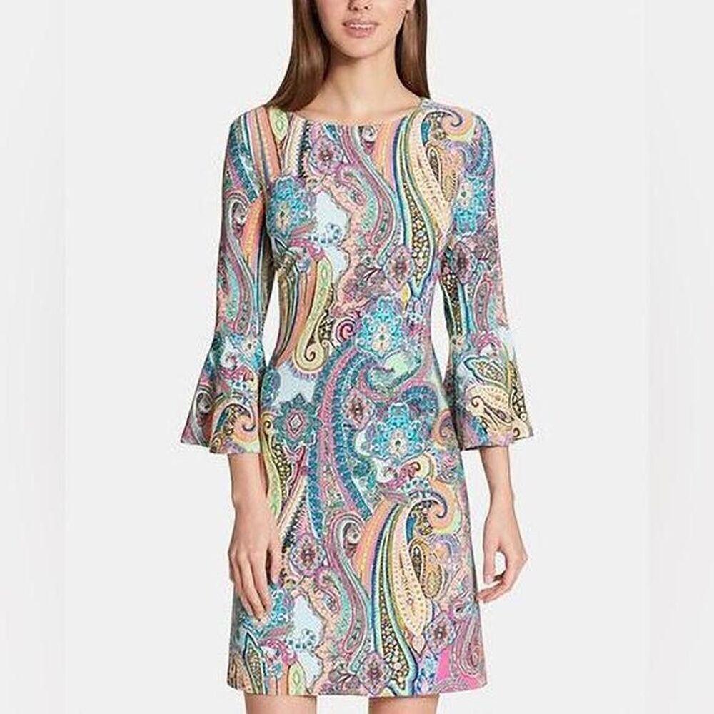 Tommy Hilfiger Paisley Bell Sleeve Shift Dress NWT Multicolored Retro Boho Chic